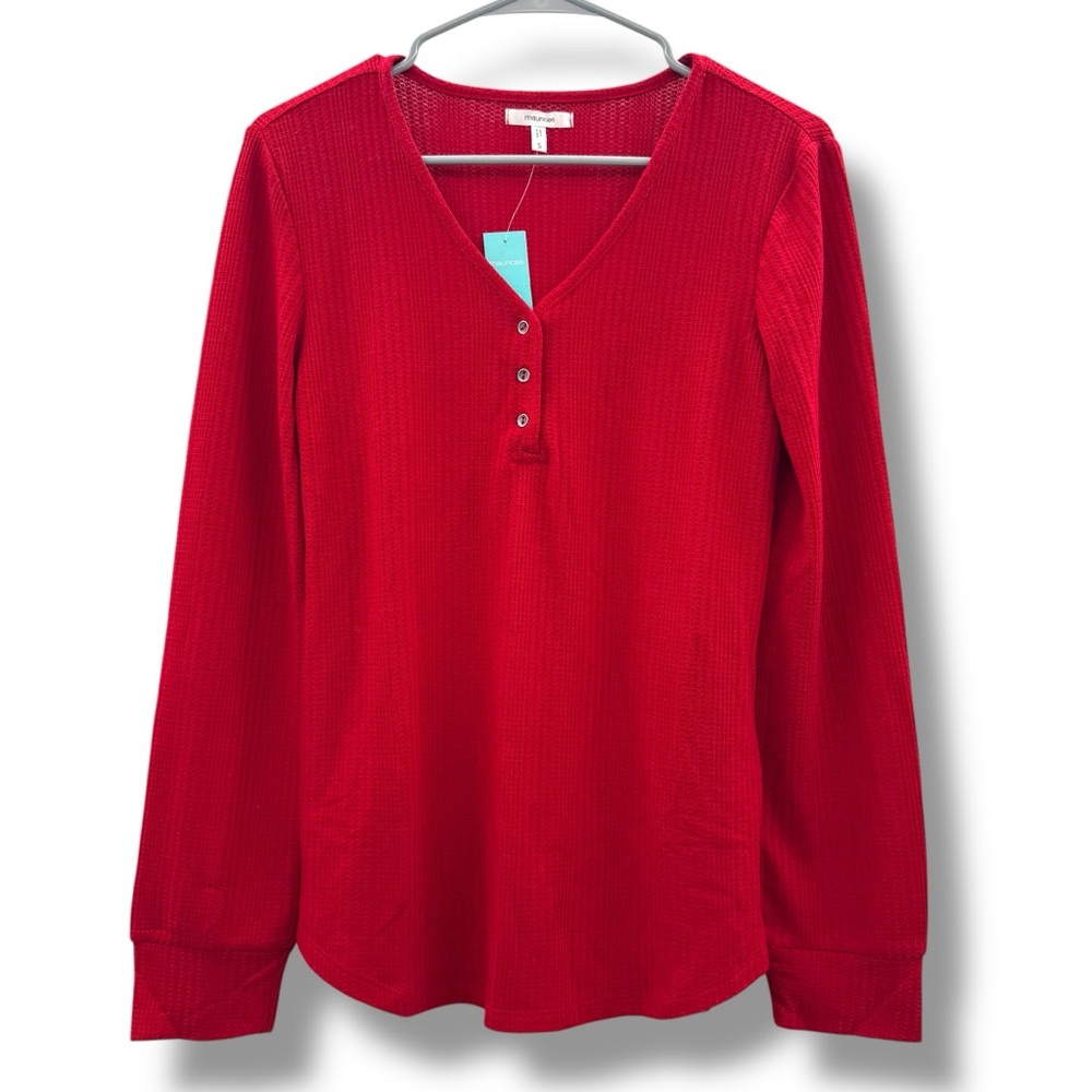 Maurices Red Thermal Knit‎ Button Henley Long Sleeve Top Sz S NEW
